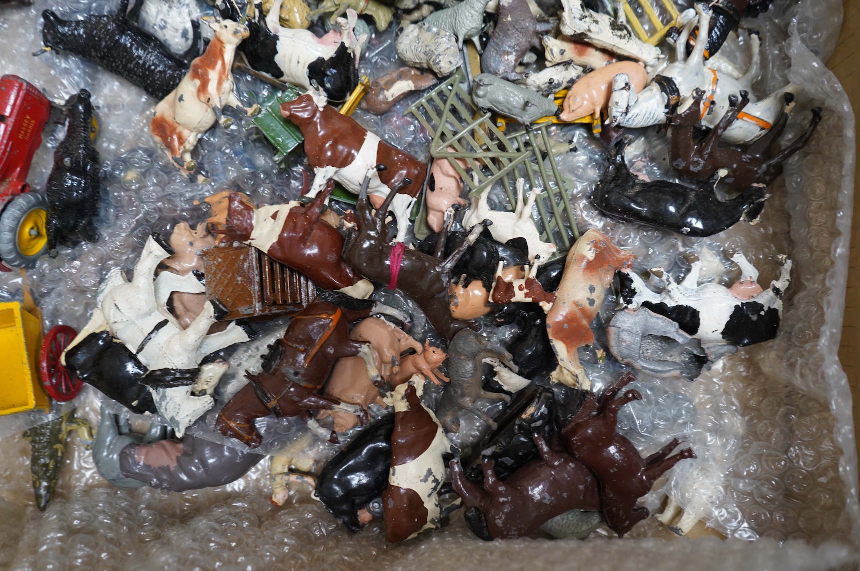 A quantity of diecast toys, plastic and lead soldiers, and 00 gauge model railway, including; a good quantity of Britains, etc. lead animals, Britains Deetail plastic soldiers, etc. Britains lead soldiers, farm equipment